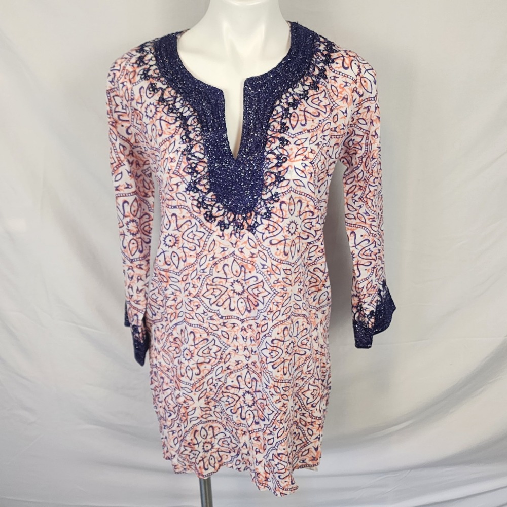 Roberta Roller Rabbit 100% Cotton Red Purple Tunic Embroidered Dress Size Small